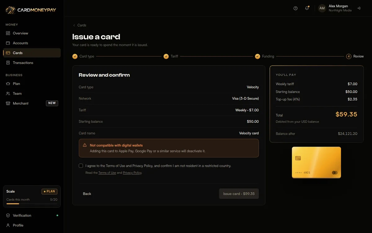 Issue a card in four steps: screenshot of the CardMoneyPay demo